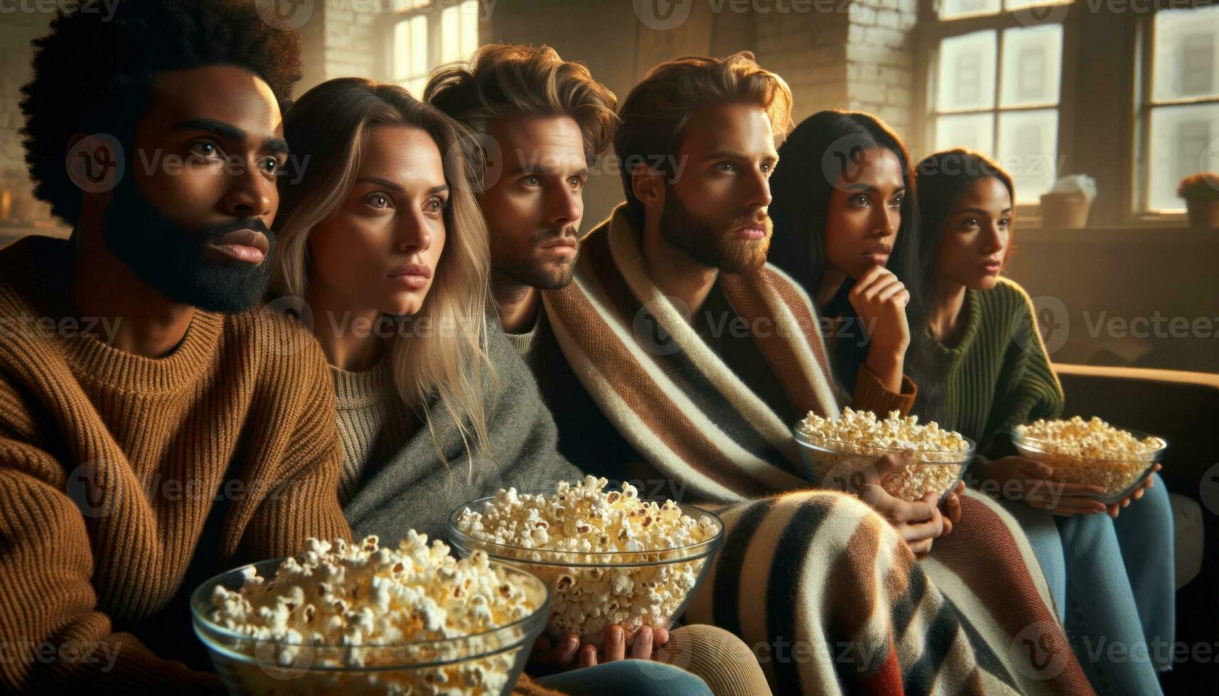 AI generated A group of friends sit on the couch and enjoy watching a movie while eating popcorn together. Generative AI 35314498 Stock Photo at Vecteezy